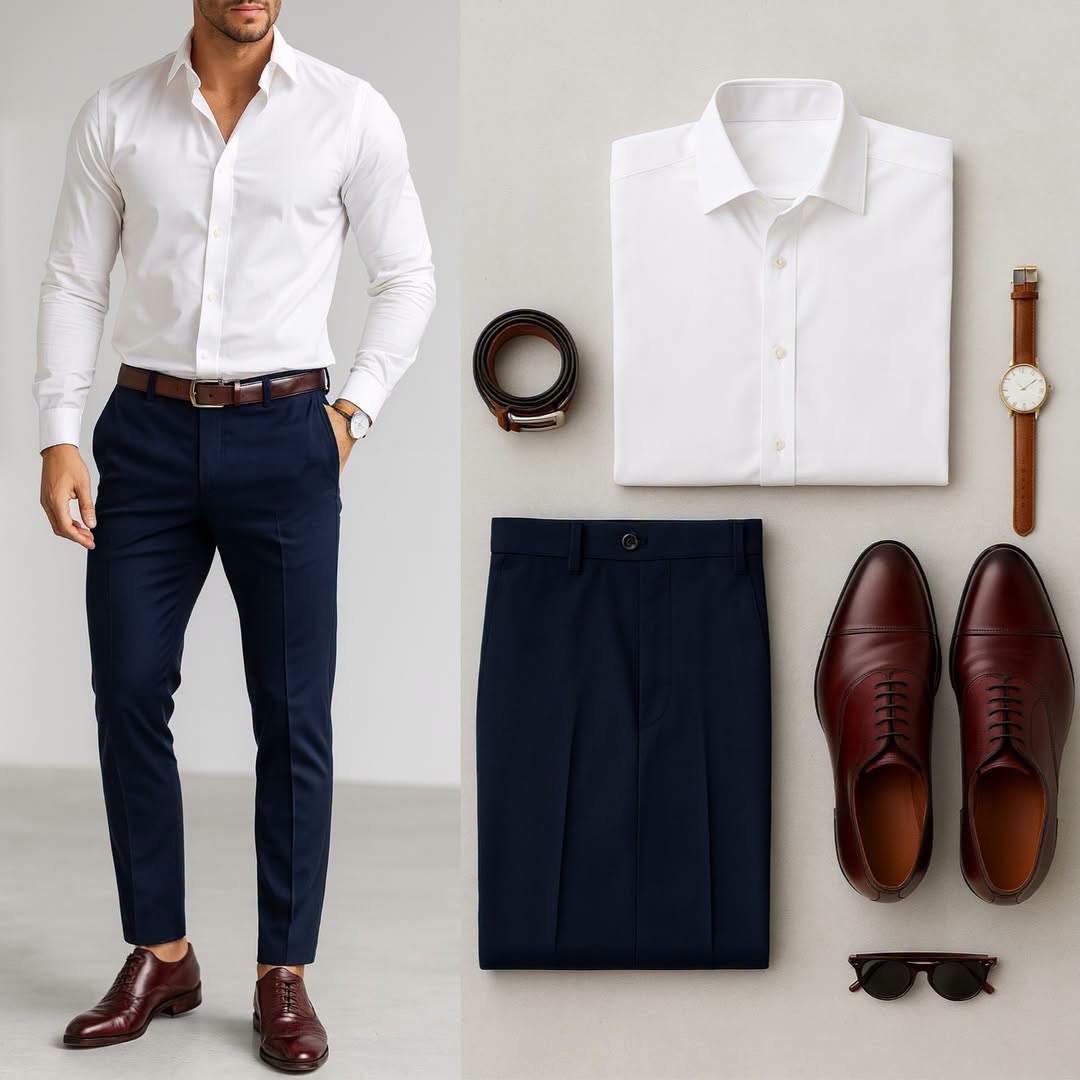 para hombre White de manga larga camisa & Navy Blue pantalón 2 Piece Outfit Set