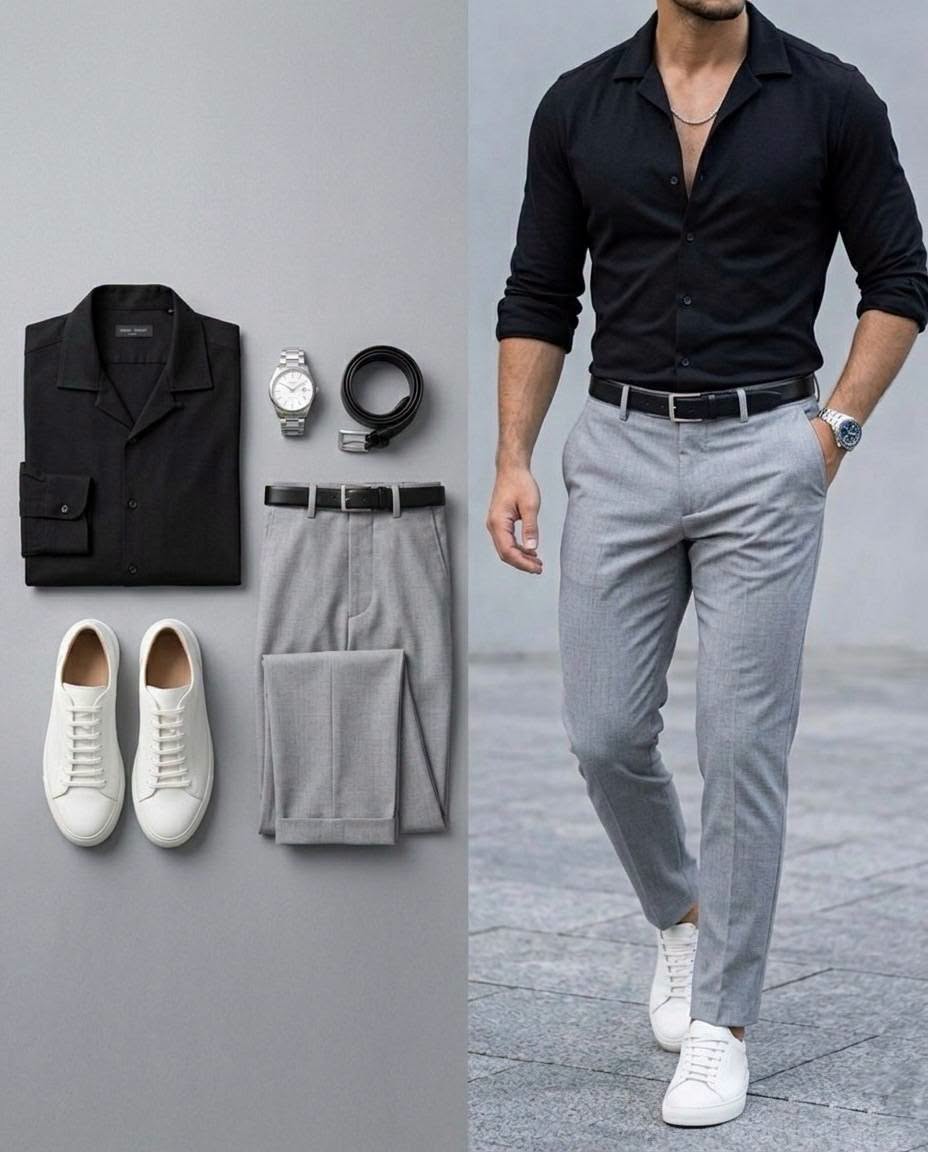 para hombre Black de manga larga camisa & Light Gray pantalón 2 Piece Outfit Set