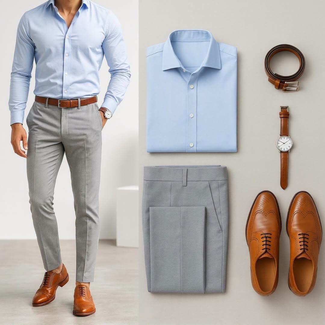 Camisa Light Blue de manga larga & Light Gray pantalón 2 Piece Outfit Set para hombre