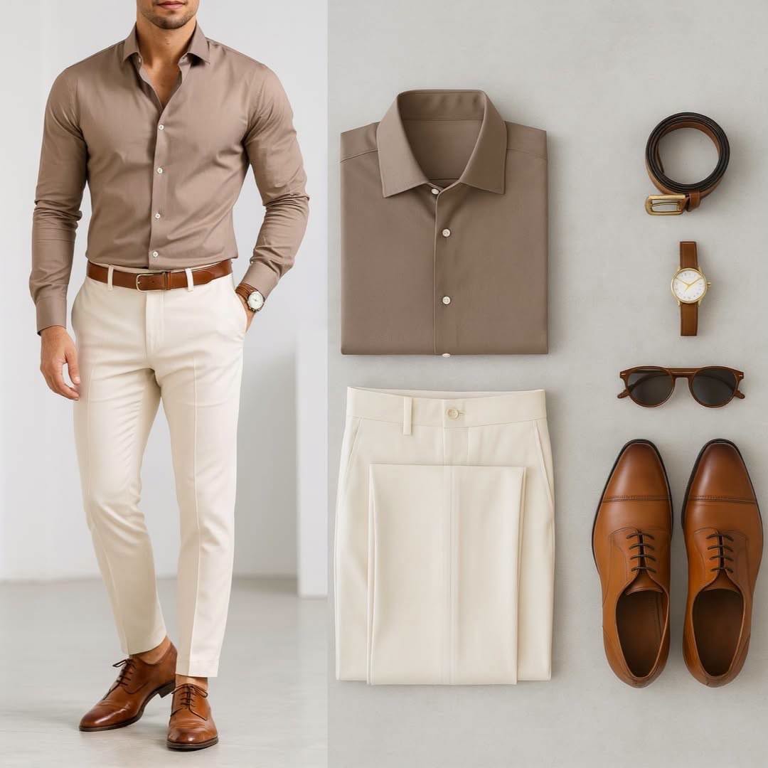 Camisa Taupe de manga larga & Ivory pantalón 2 Piece Outfit Set para hombre