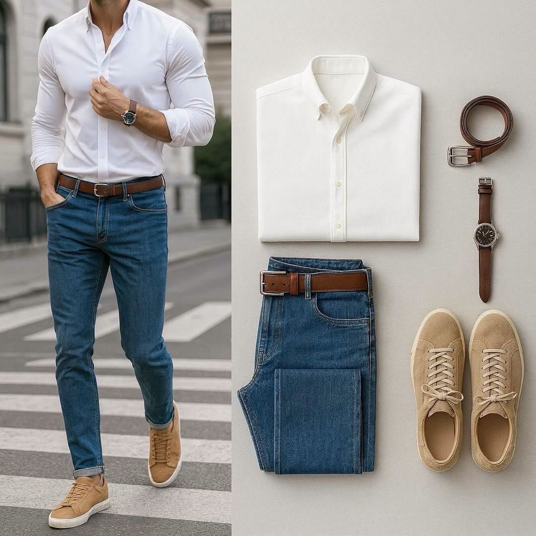 Camisa White de manga larga & Blue Jeans 2 Piece Outfit Set para hombre