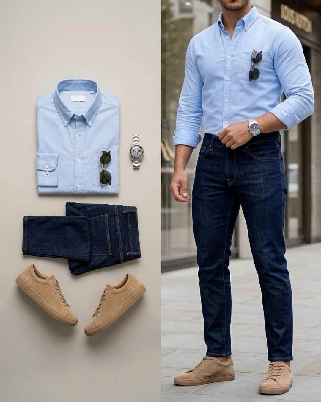 para hombre Light Blue de manga larga camisa & Dark Blue Jeans 2 Piece Outfit Set