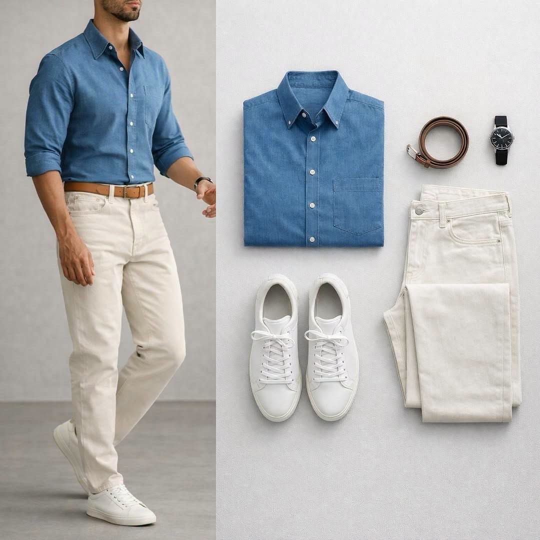 Camisa Denim Blue de manga larga & Ivory pantalón 2 Piece Outfit Set para hombre