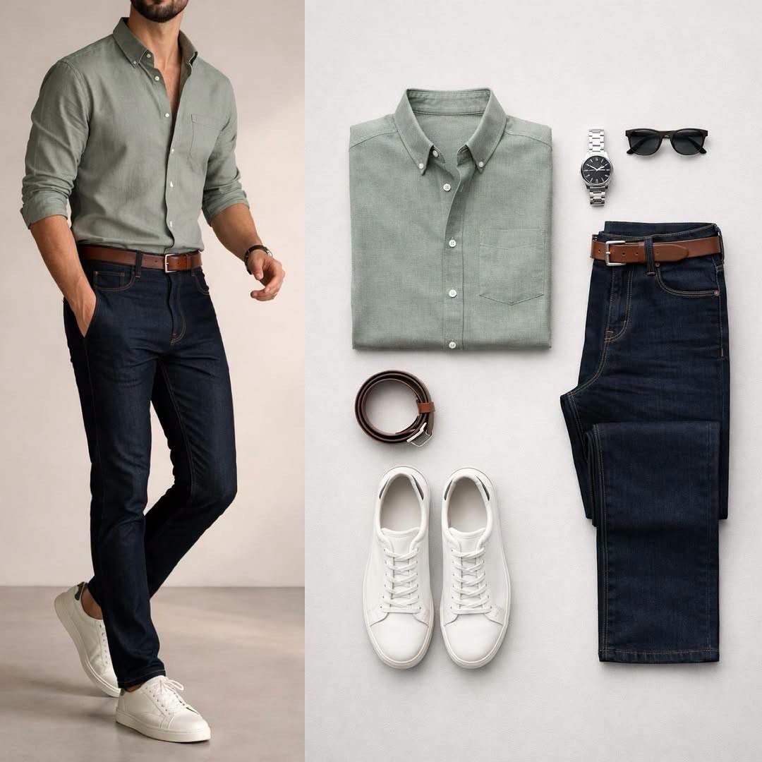 Camisa Sage Green de manga larga & Dark Blue Jeans 2 Piece Outfit Set para hombre