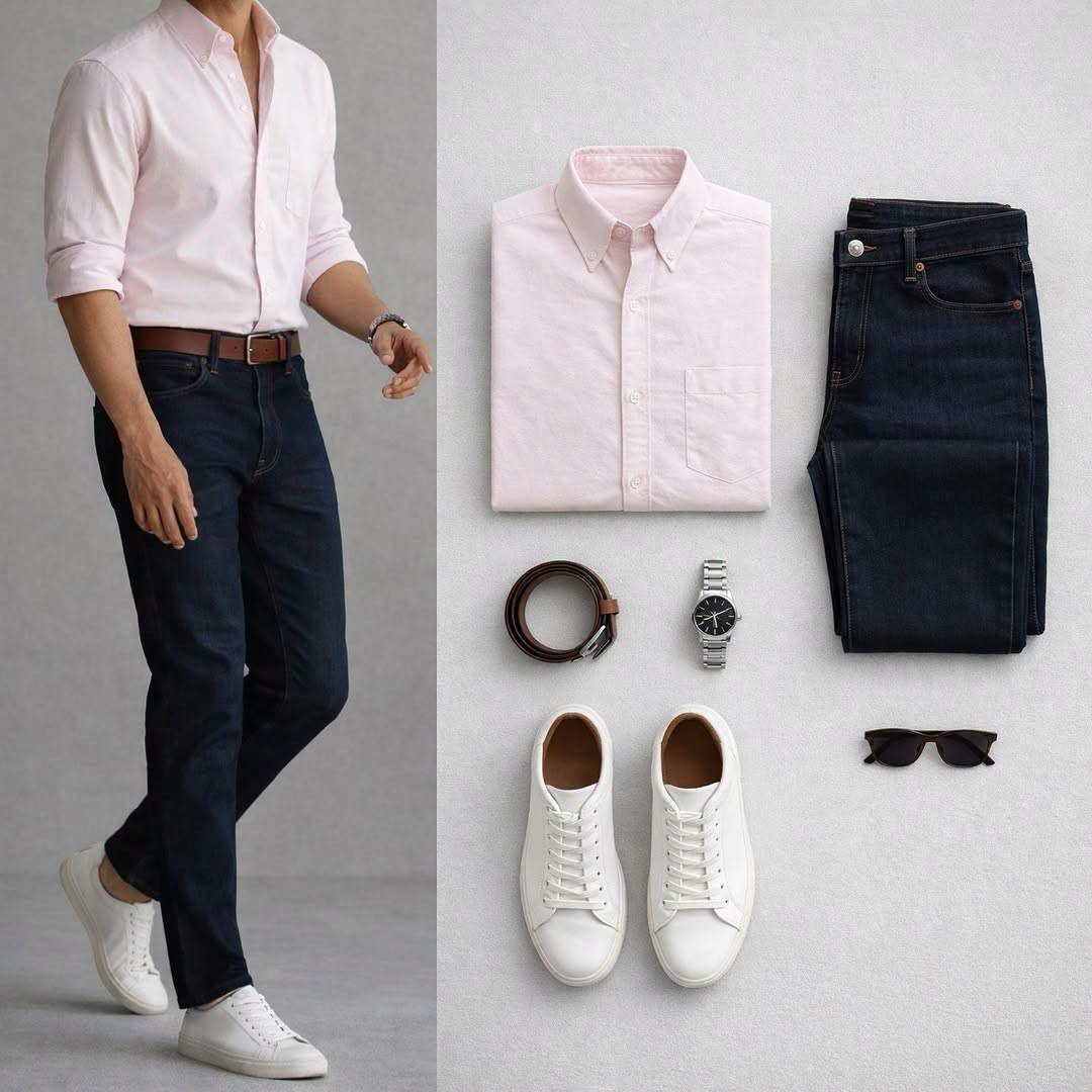 Camisa Light Pink de manga larga & Dark Blue Jeans 2 Piece Outfit Set para hombre