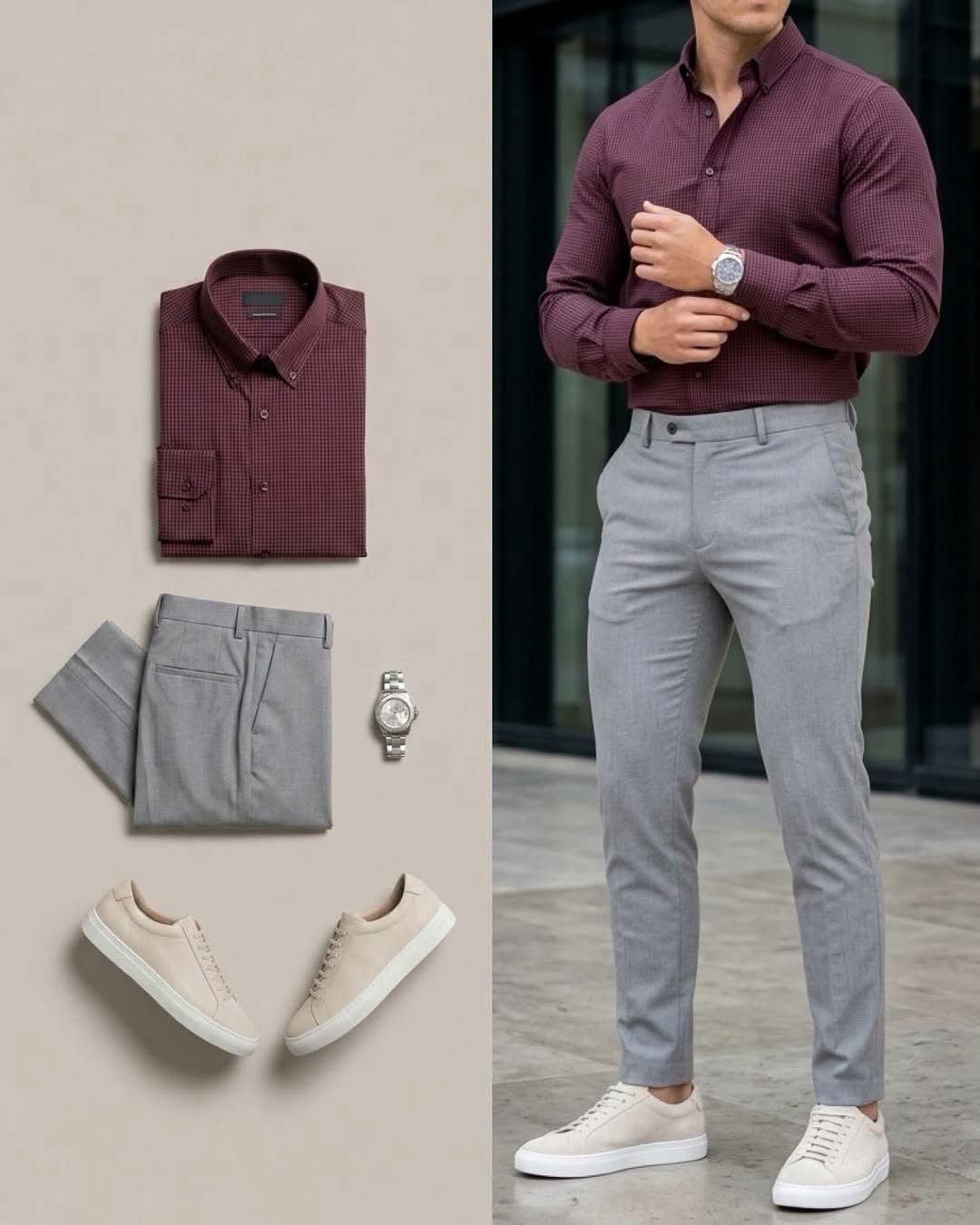 Camisa Burgundy de manga larga & Light Gray pantalón 2 Piece Outfit Set para hombre