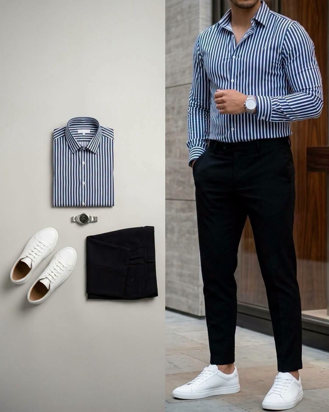 Camisa Blue & White a rayas de manga larga & Black pantalón 2 Piece Outfit Set para hombre