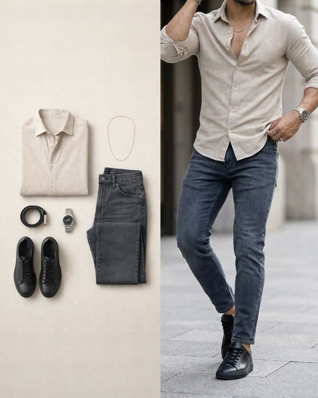 Camisa Beige de manga larga & Dark Gray Jeans 2 Piece Outfit Set para hombre