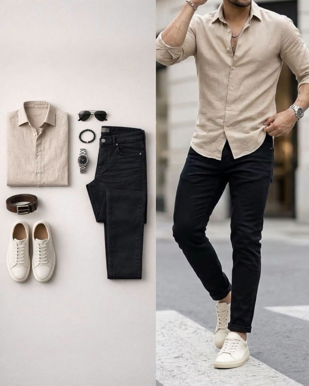Camisa Beige de manga larga & Black pantalón 2 Piece Outfit Set para hombre