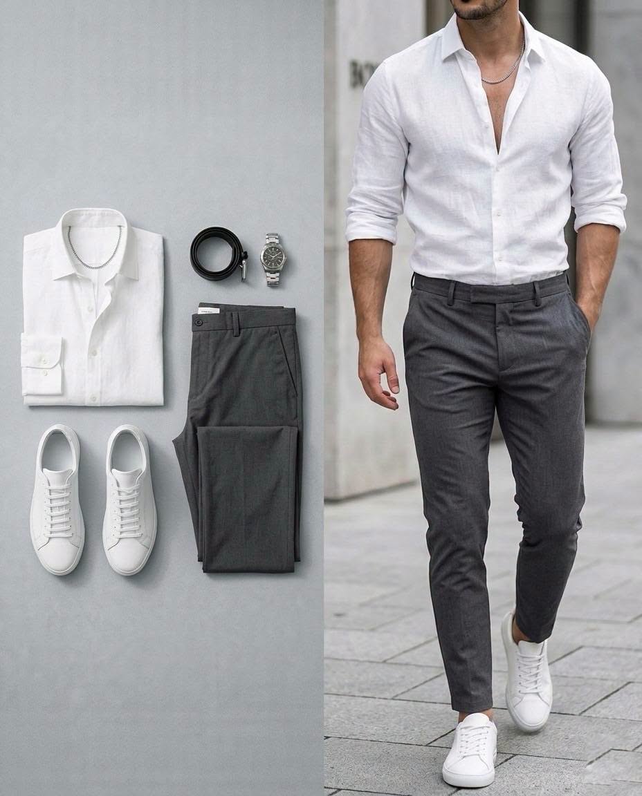 Camisa White de manga larga & Charcoal Gray pantalón 2 Piece Outfit Set para hombre