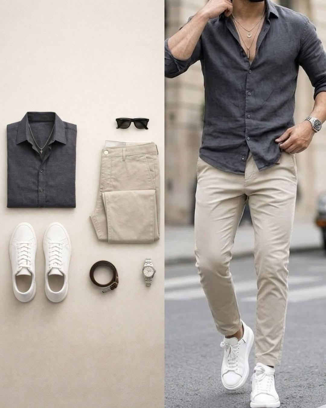 Camisa Charcoal Gray de manga larga & Beige pantalón 2 Piece Outfit Set para hombre
