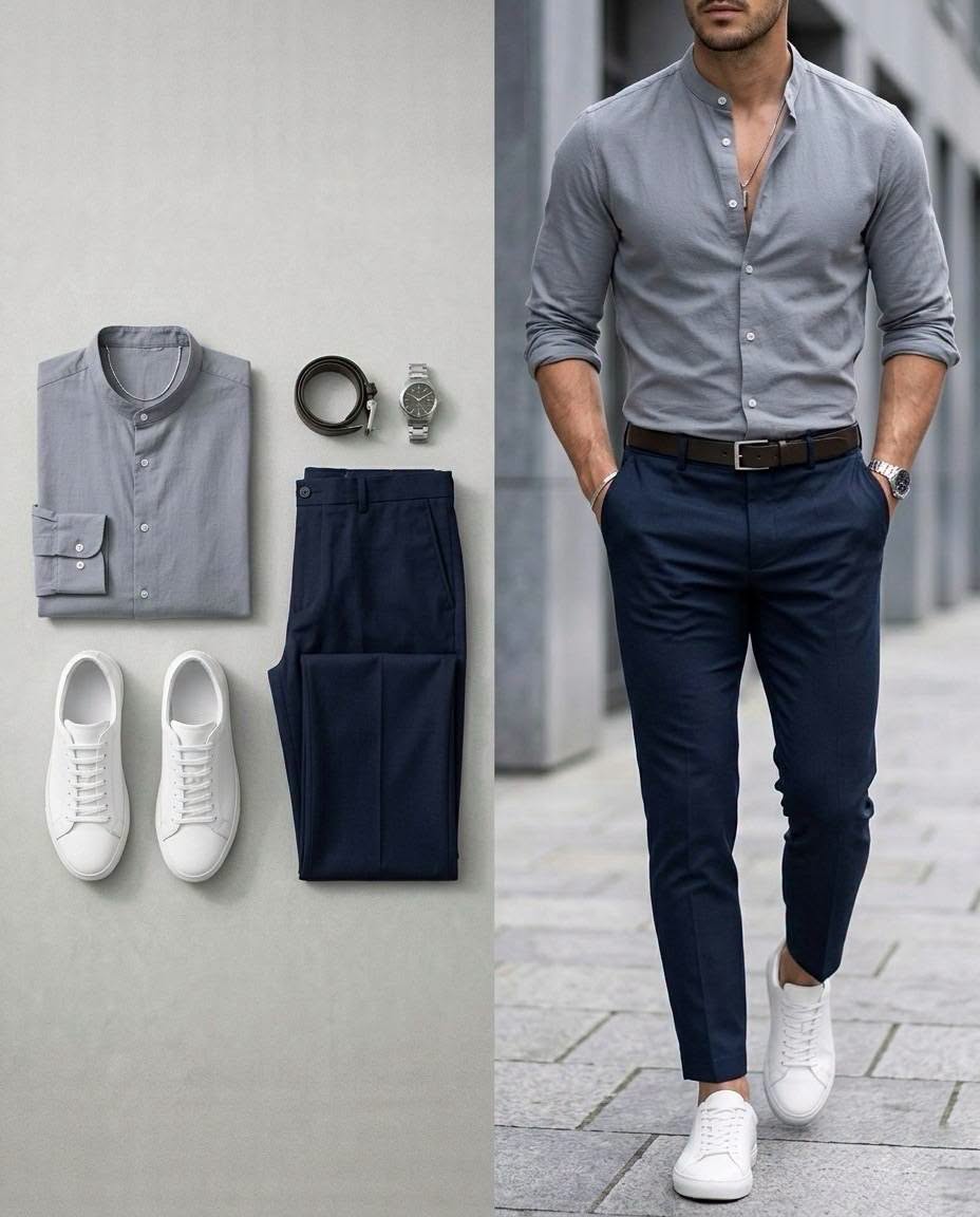 Camisa Gray de manga larga & Navy Blue pantalón 2 Piece Outfit Set para hombre