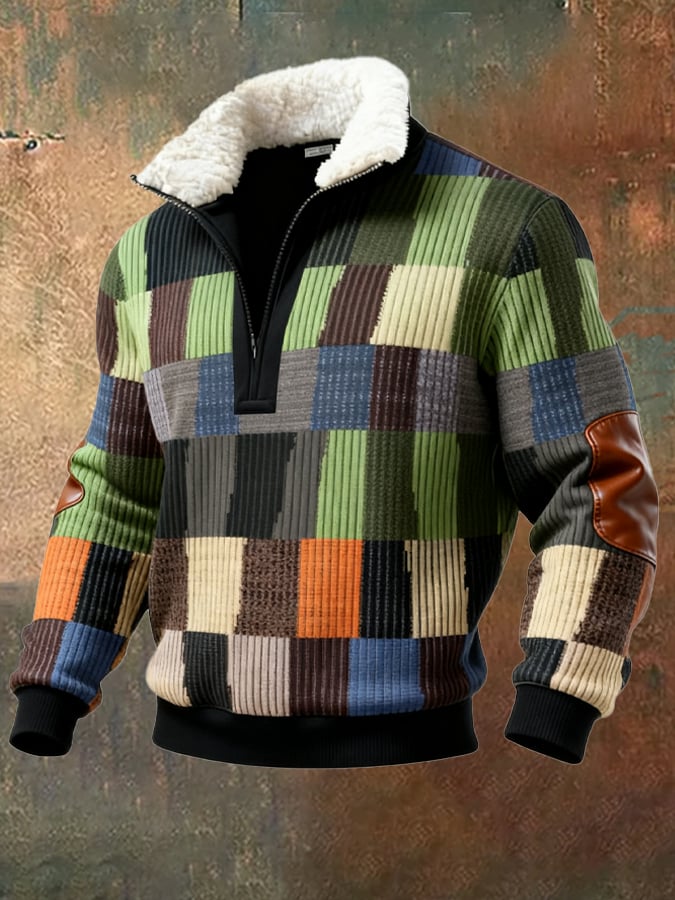 Sudadera retro en bloques de color estampado casual Fur cuello para hombre
