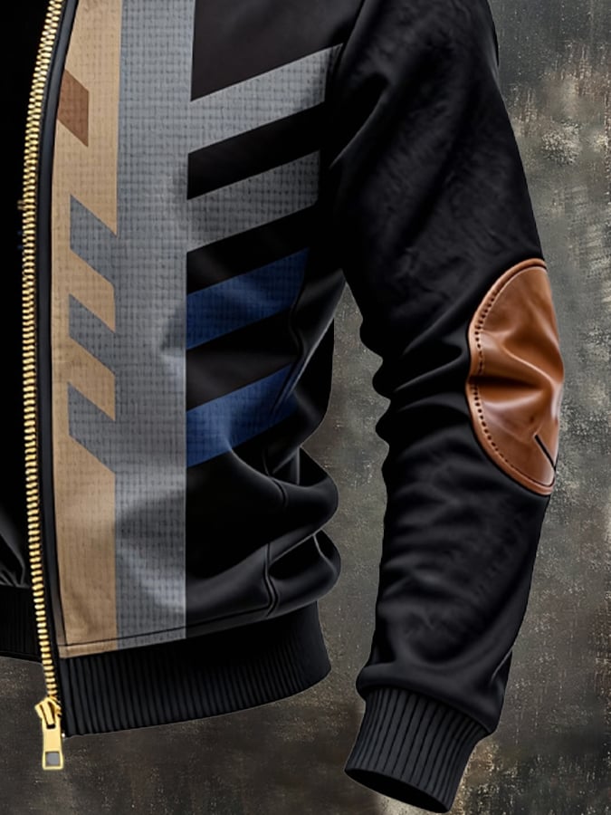 Chaqueta retro en bloques de color estampado Patchpara trabajo cuero Warm Multi-bolsillo para exterior para hombre