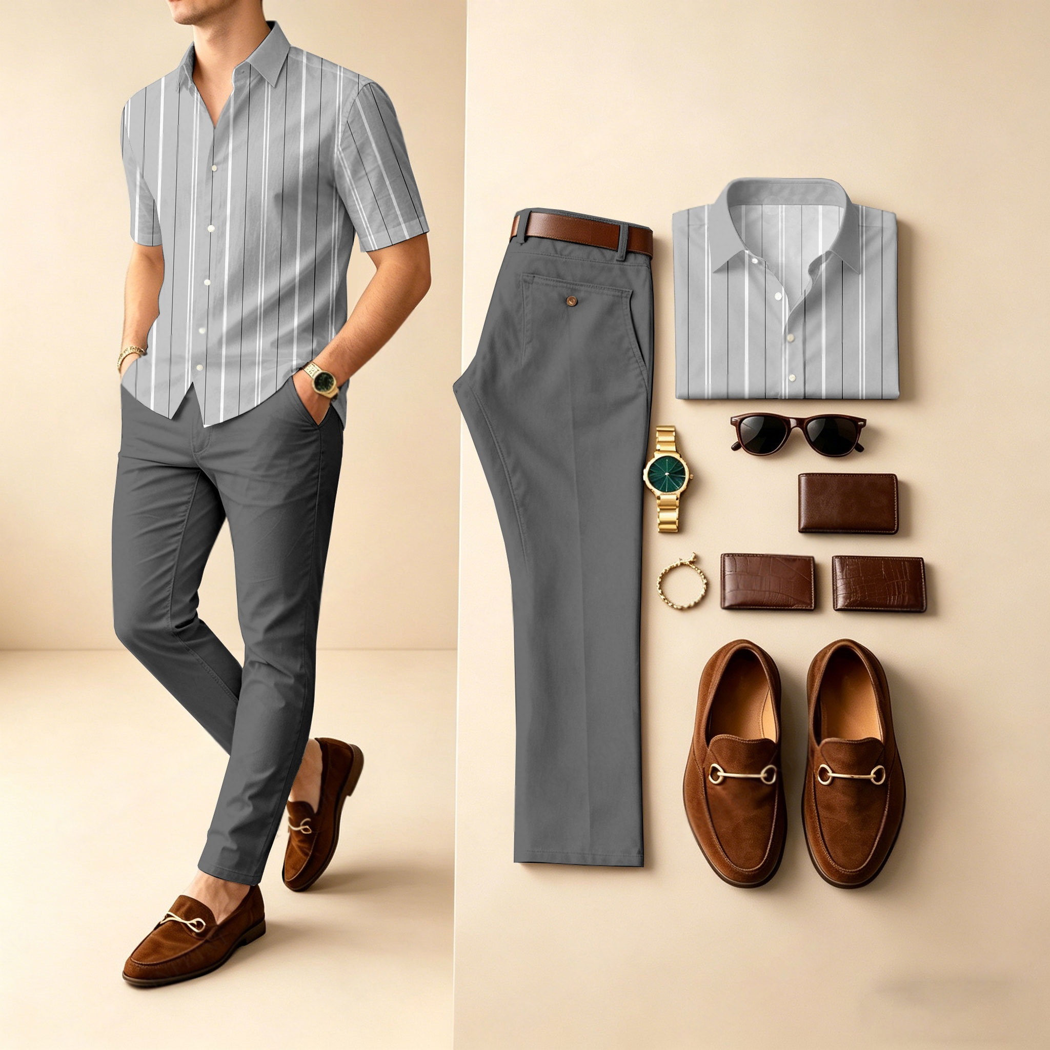 Conjunto de dos piezas casual Grey estampado camisa polo And pantalón para hombre