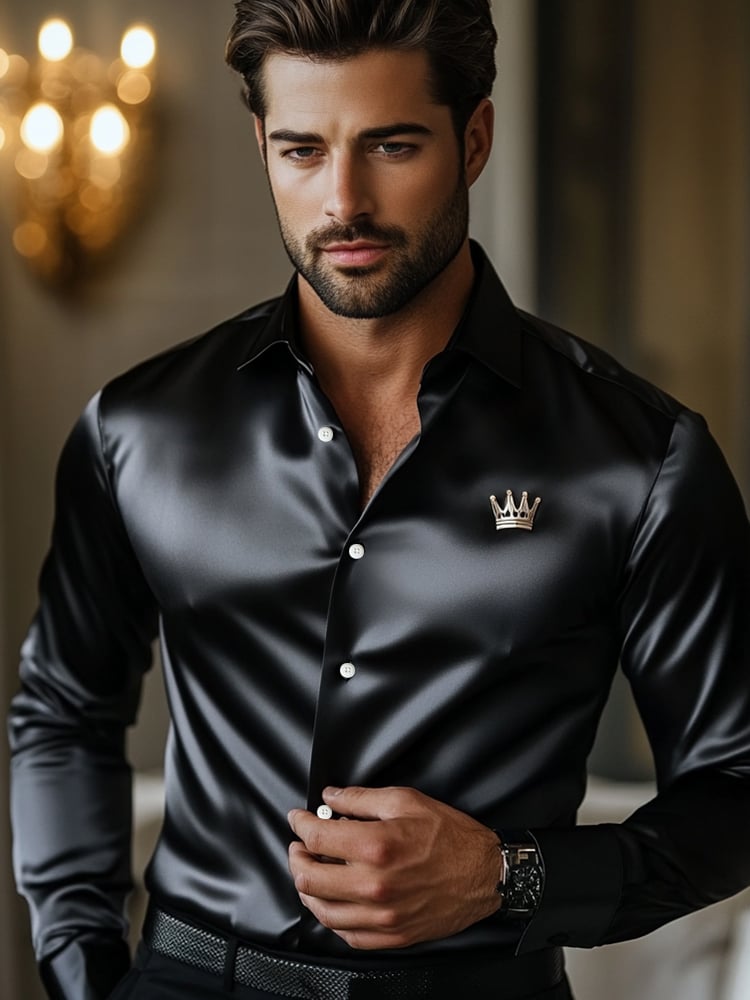 Camisa de lujo Black Crown estampado de manga larga para hombre