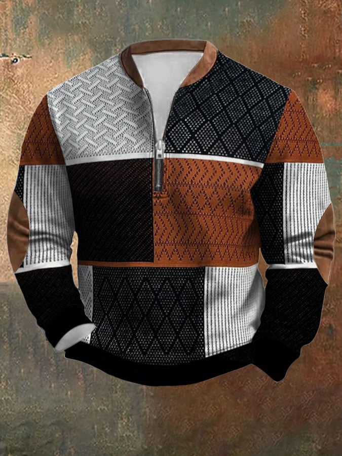 Sudadera retro Western texturizado estampado Zip cuello para hombre