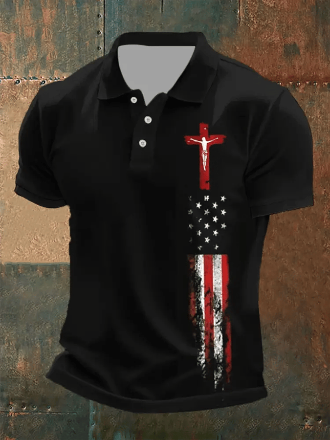 Camiseta Man Of God Cross America Flag estampado de manga corta POLO para hombre