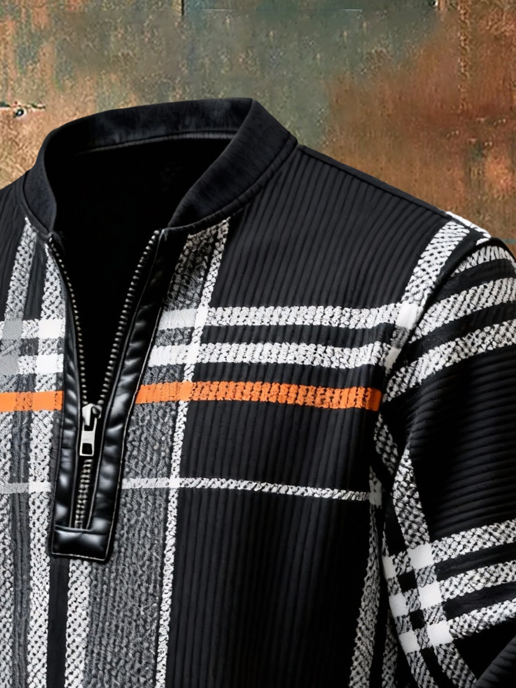 Sudadera casual retro Contrast Color Half Zip Stand cuello de manga larga para hombre