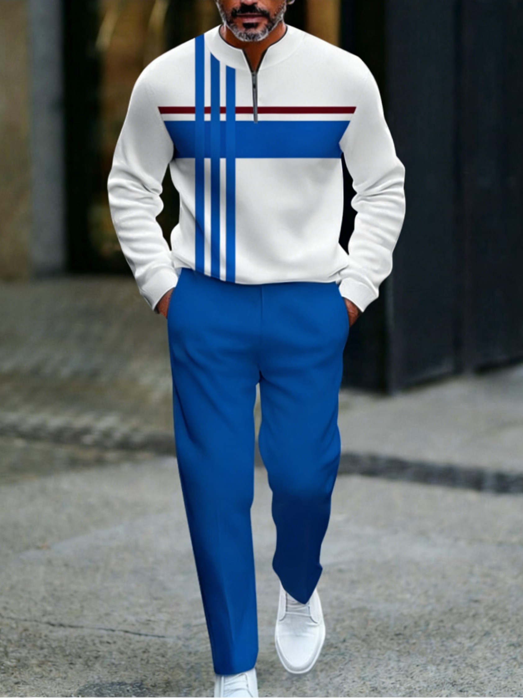 Conjunto de dos piezas casual Blue & White Color Matching a rayas estampado Round-Neck Zipper de manga larga sudadera & Trousers para hombre