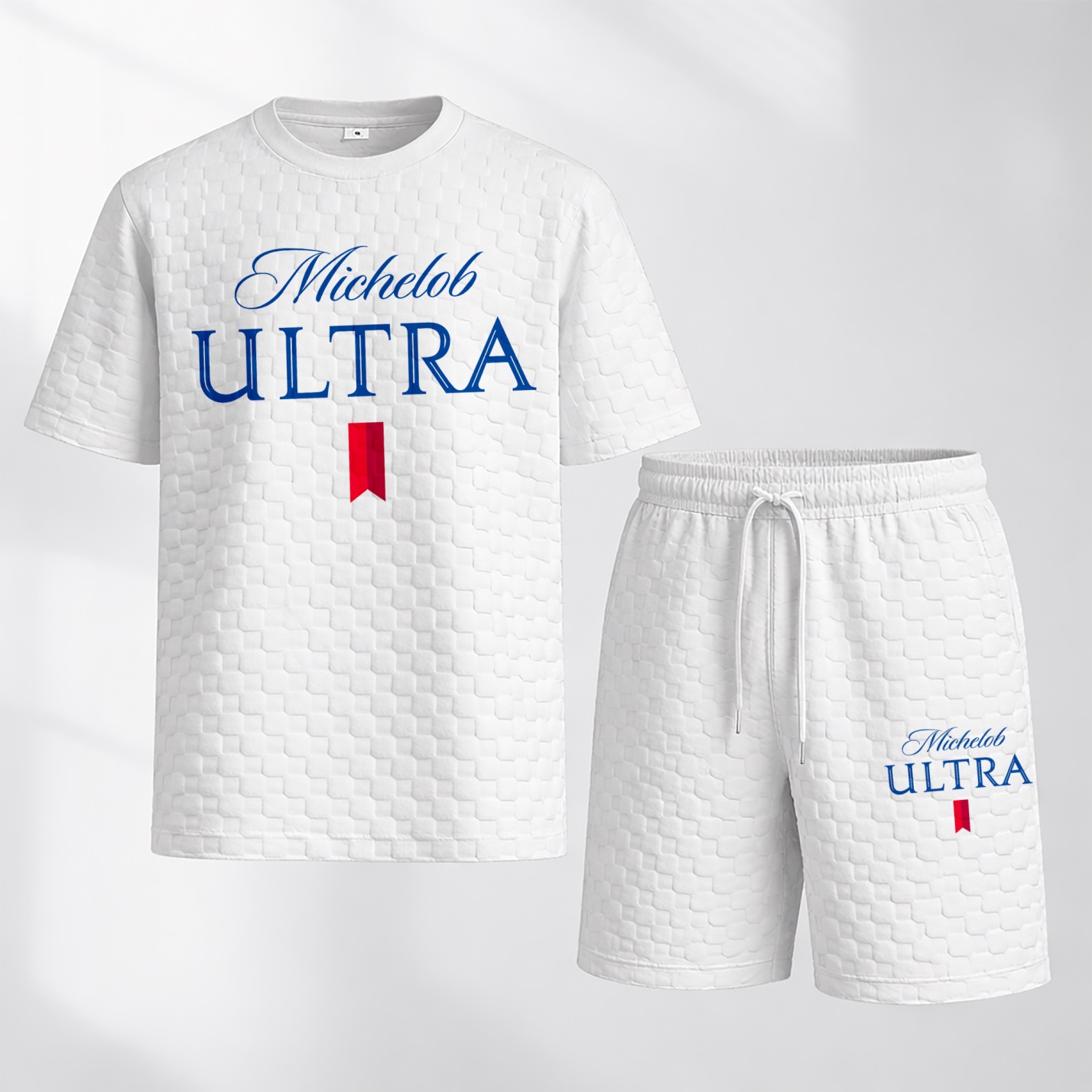 Camisa Spring/Summer Drawstring shorts Set featuring Beverage-estampado a cuadros Fabric—A casual summer ensemble comprising a de manga corta and shorts, ideal for both para uso diario wear and athletic activities para hombre