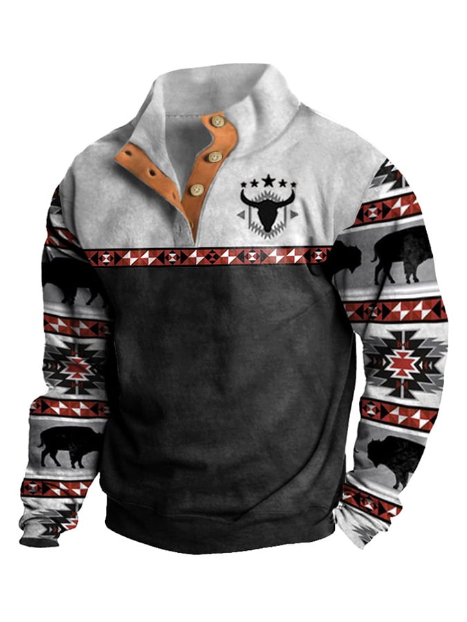 Sudadera Western Style estampado Stand cuello Button para hombre