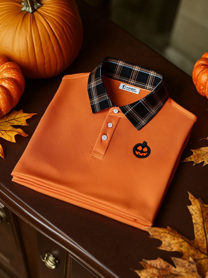 Camisa polo Halloween a cuadros Pumpkin casual estampado para hombre