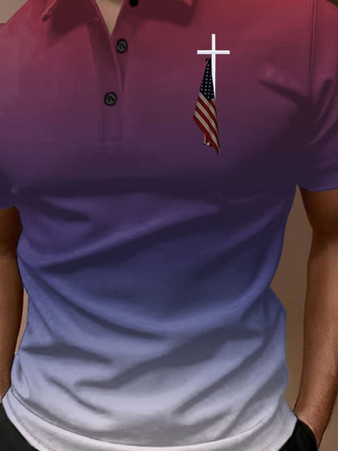 Casual degradado estampado estampado Button cuello Polo Top para hombre