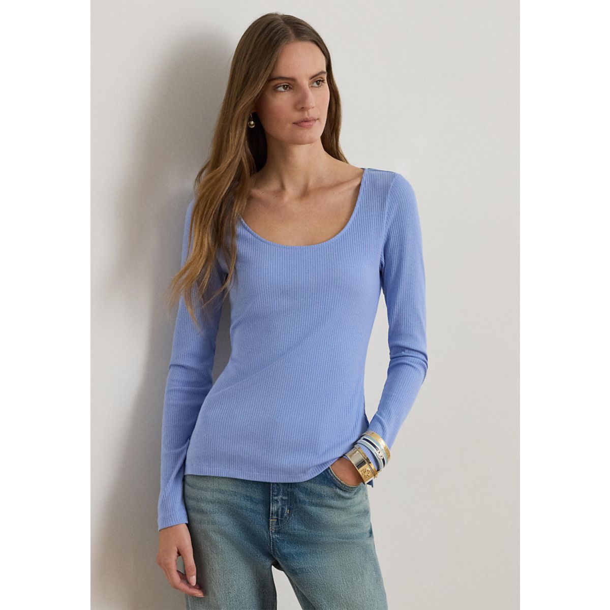 Women's Rib-Knit Long-Sleeve Scoop Neck T-Shirt - 3