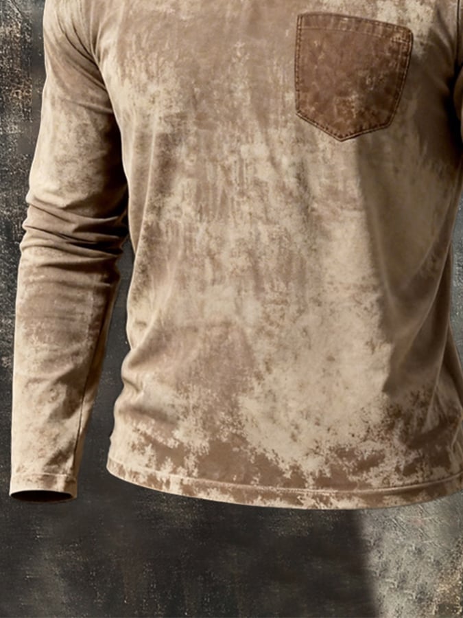 Retro Washed desgastado V-Neck de manga larga Top para hombre
