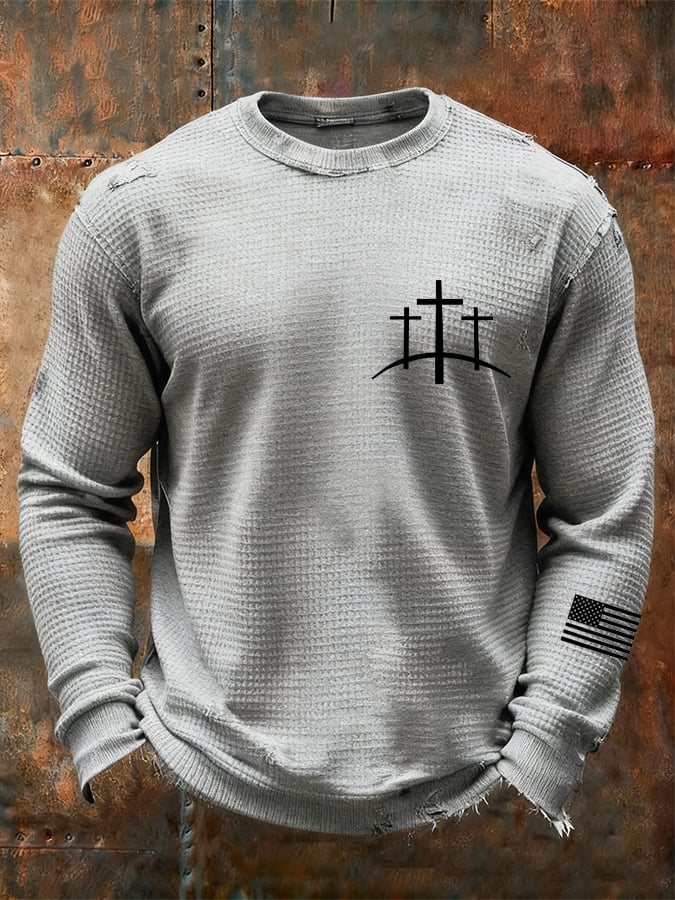 Camiseta vintage Faith Cross Design Waffle Fabric de manga larga para hombre