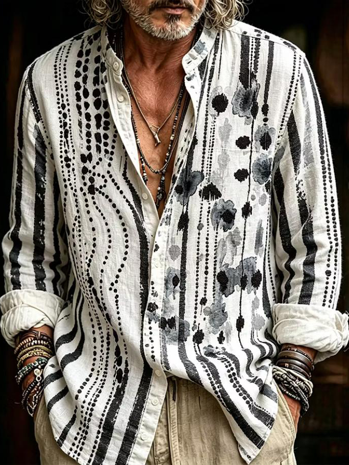 Camisa Ink-Wash Texture a rayas estampado de manga larga para hombre