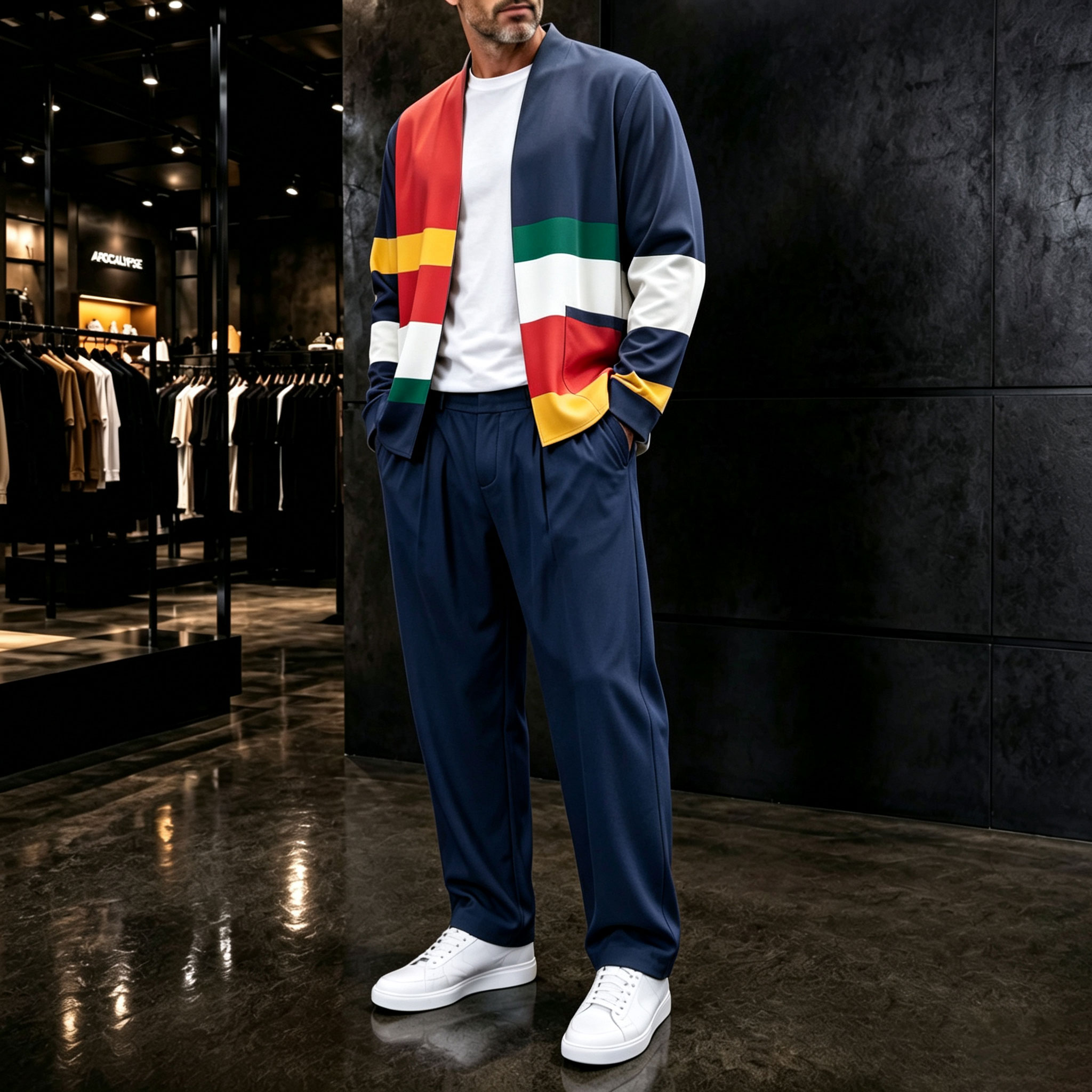 para hombre conjunto de dos piezas: Color-Blocked Cardigan and pantalón