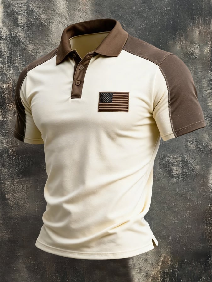 Retro Patriot en bloques de color Polo Collar de manga corta para hombre