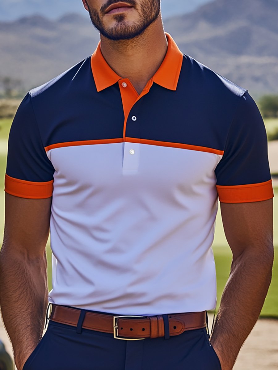 Camisa polo ejecutivo rayas Logo con botones de manga corta para hombre