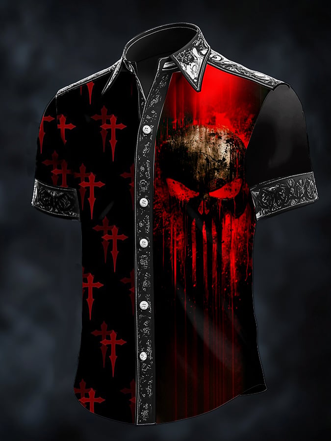 Camisa casual de moda Dark diseño Cross Contrast satén para hombre