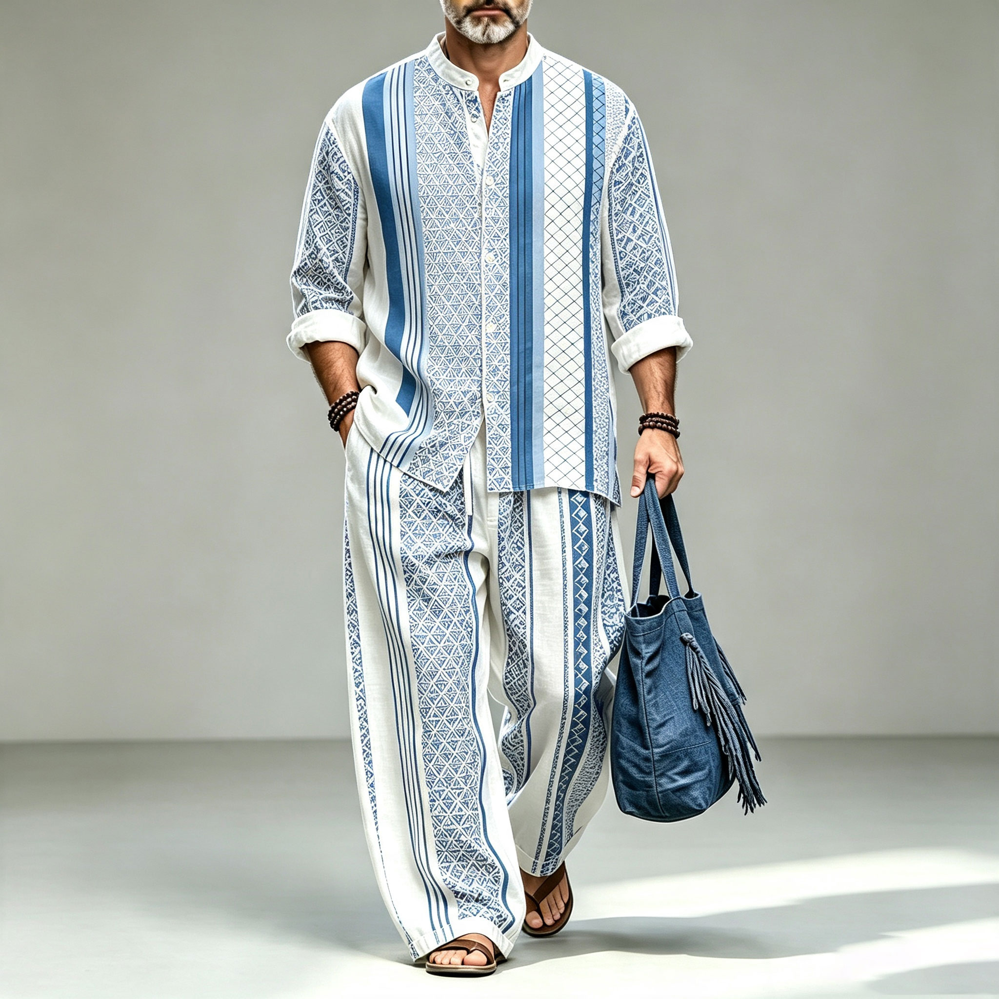 para hombre a rayas Print Stand-Collar de manga larga camisa and pantalón Set