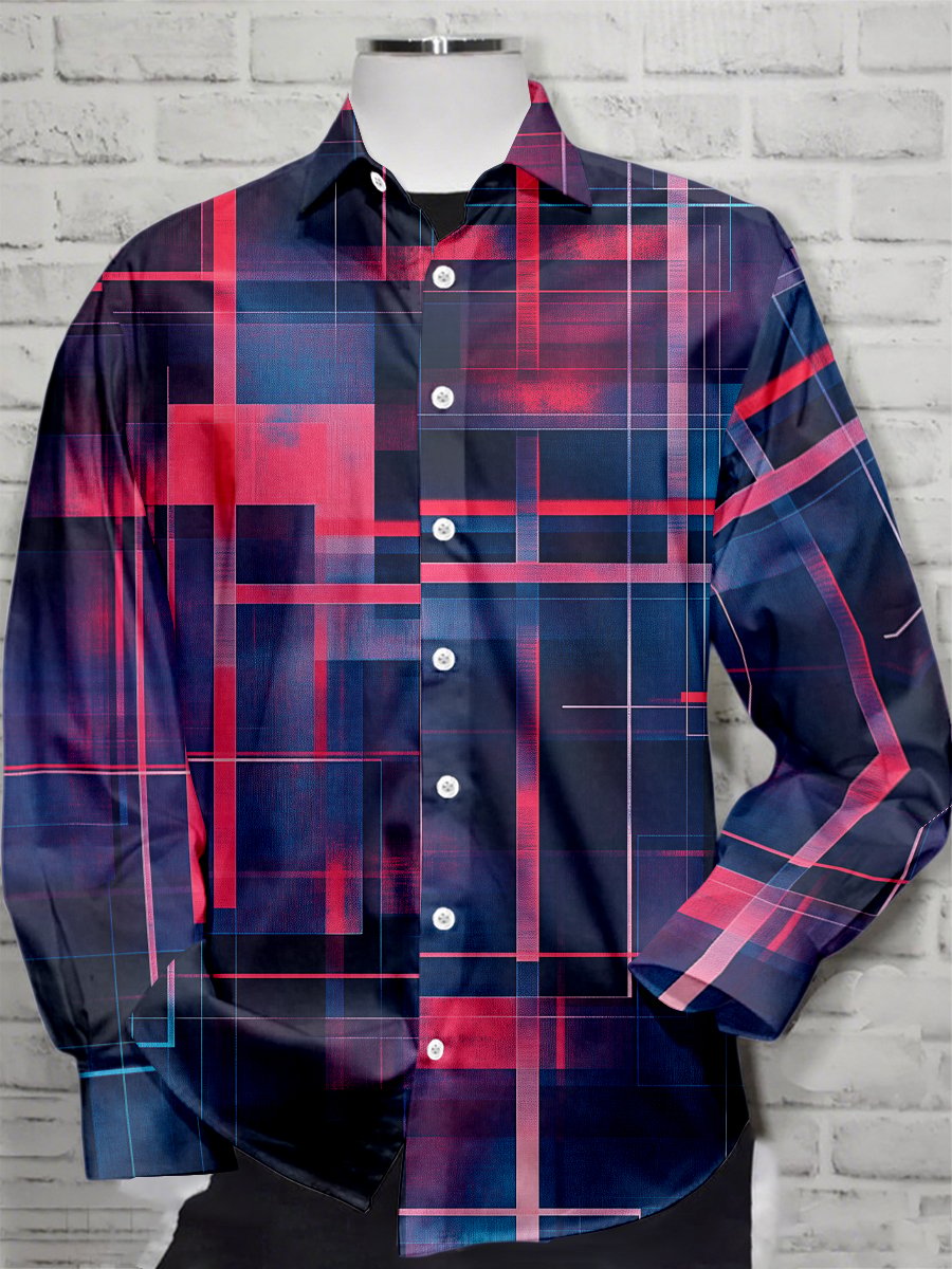 Camisa retro casual geométrico Art de manga larga para hombre
