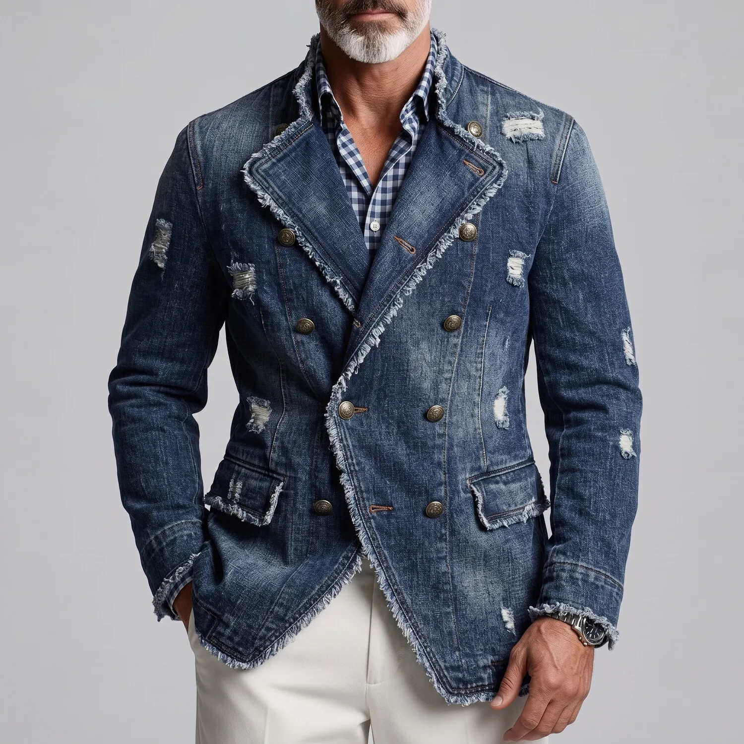 para hombre retro Ripped Frayed Edge Stand Collar Double-Breasted Denim chaqueta