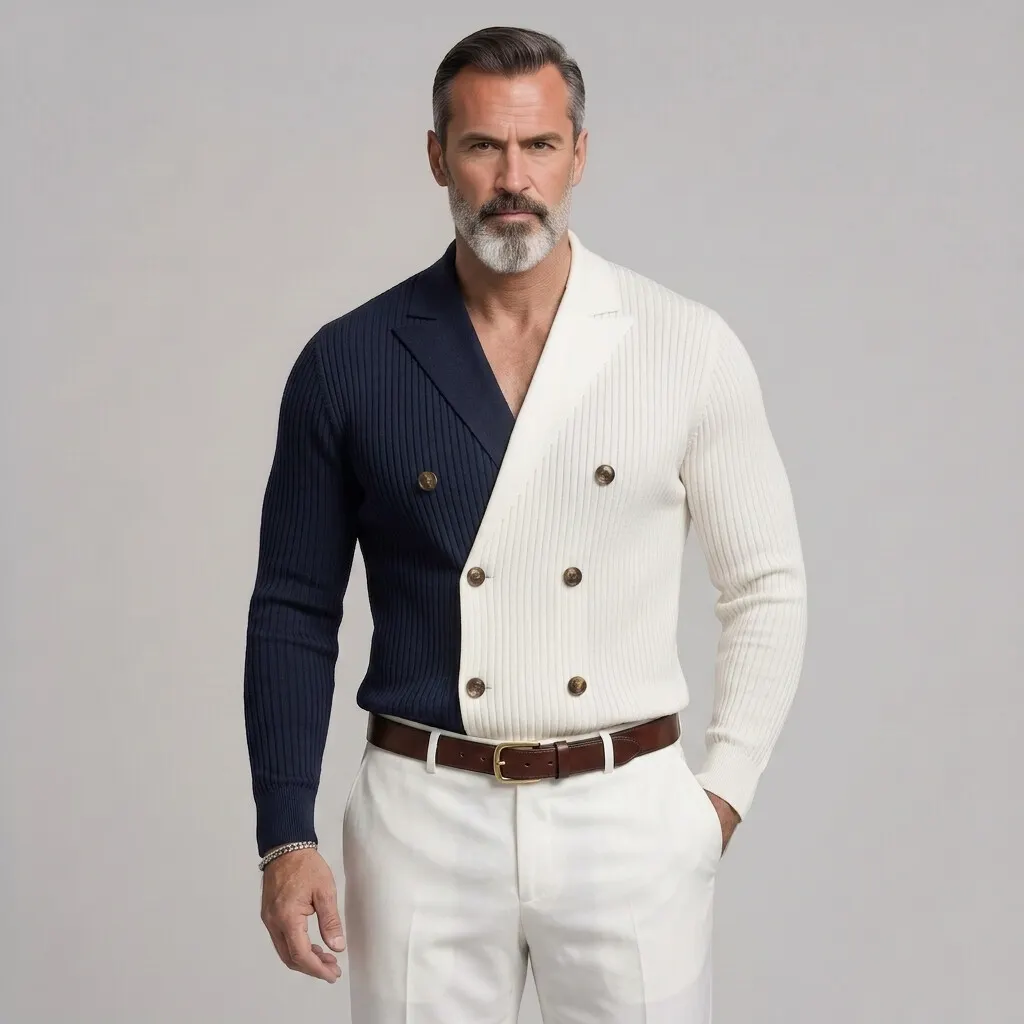 para hombre Colorblock Ribbed tejido Double-Breasted Lapel Collar Slim Ficamiseta