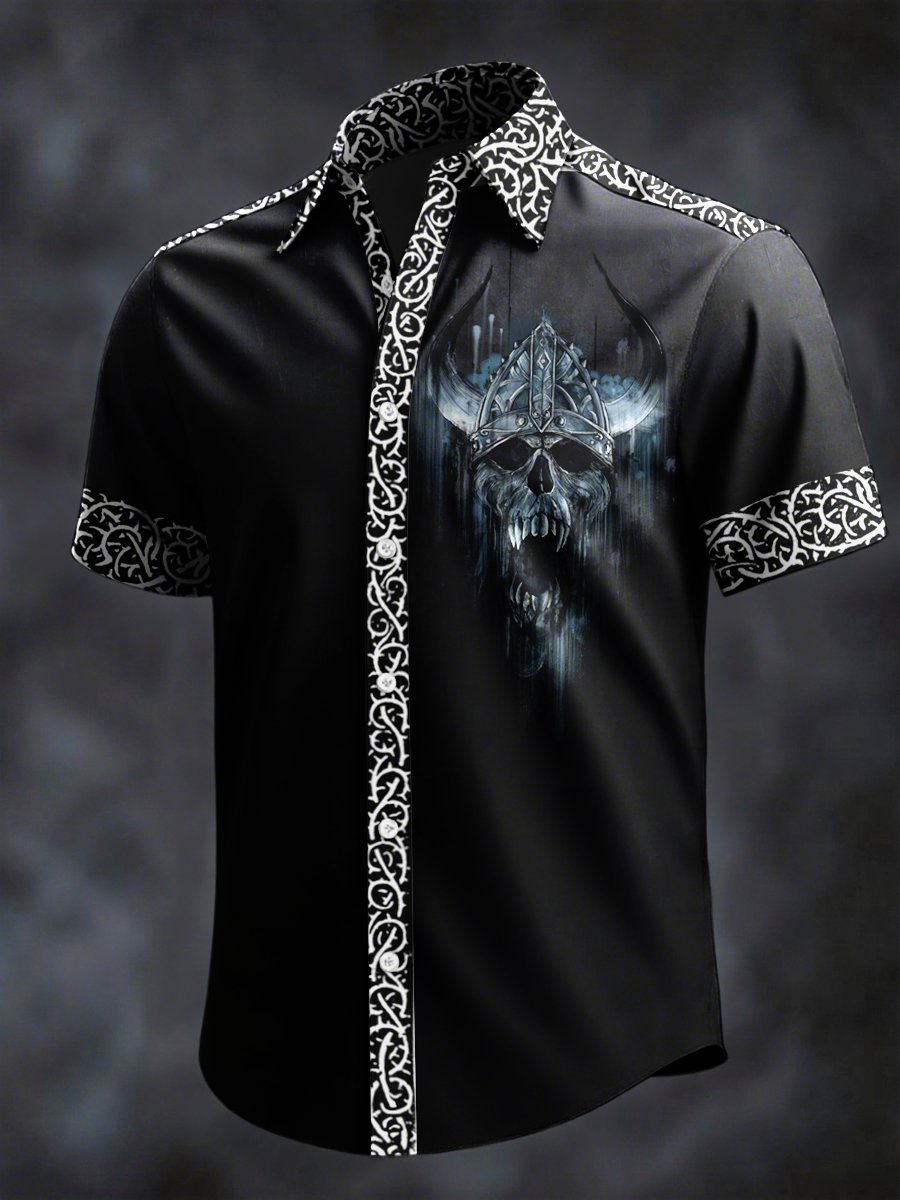 Camisa retro Horror Skull estampado solapa de manga corta para hombre