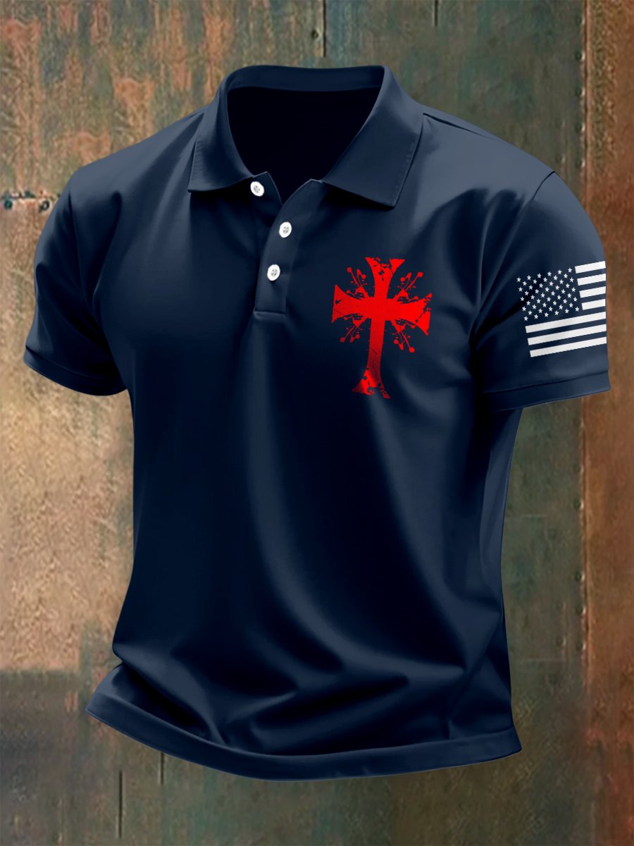Camisa polo American Flag Cross Button de manga corta para hombre