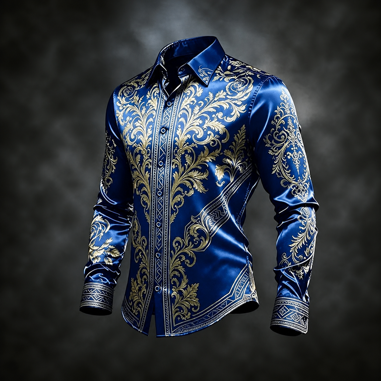 para hombre Royal Blue Gold Baroque Scroll Print de manga larga con botones camisa