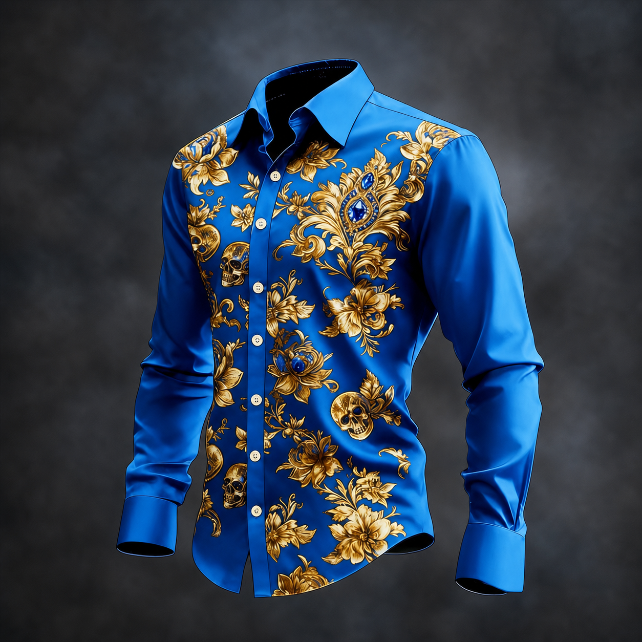 para hombre Royal Blue Gold floral Baroque Print de manga larga con botones camisa