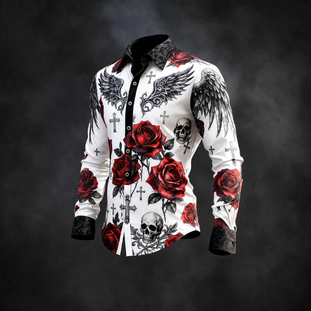 para hombre White Skull Red Rose Wing Cross Graphic de manga larga con botones camisa