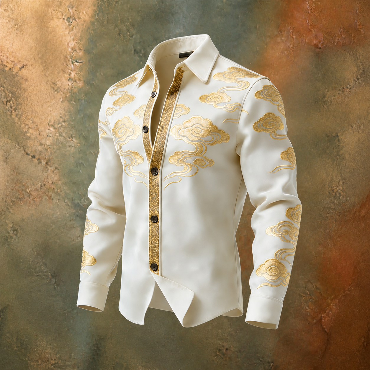 para hombre Ivory Gold Paisley Border Print de manga larga con botones camisa