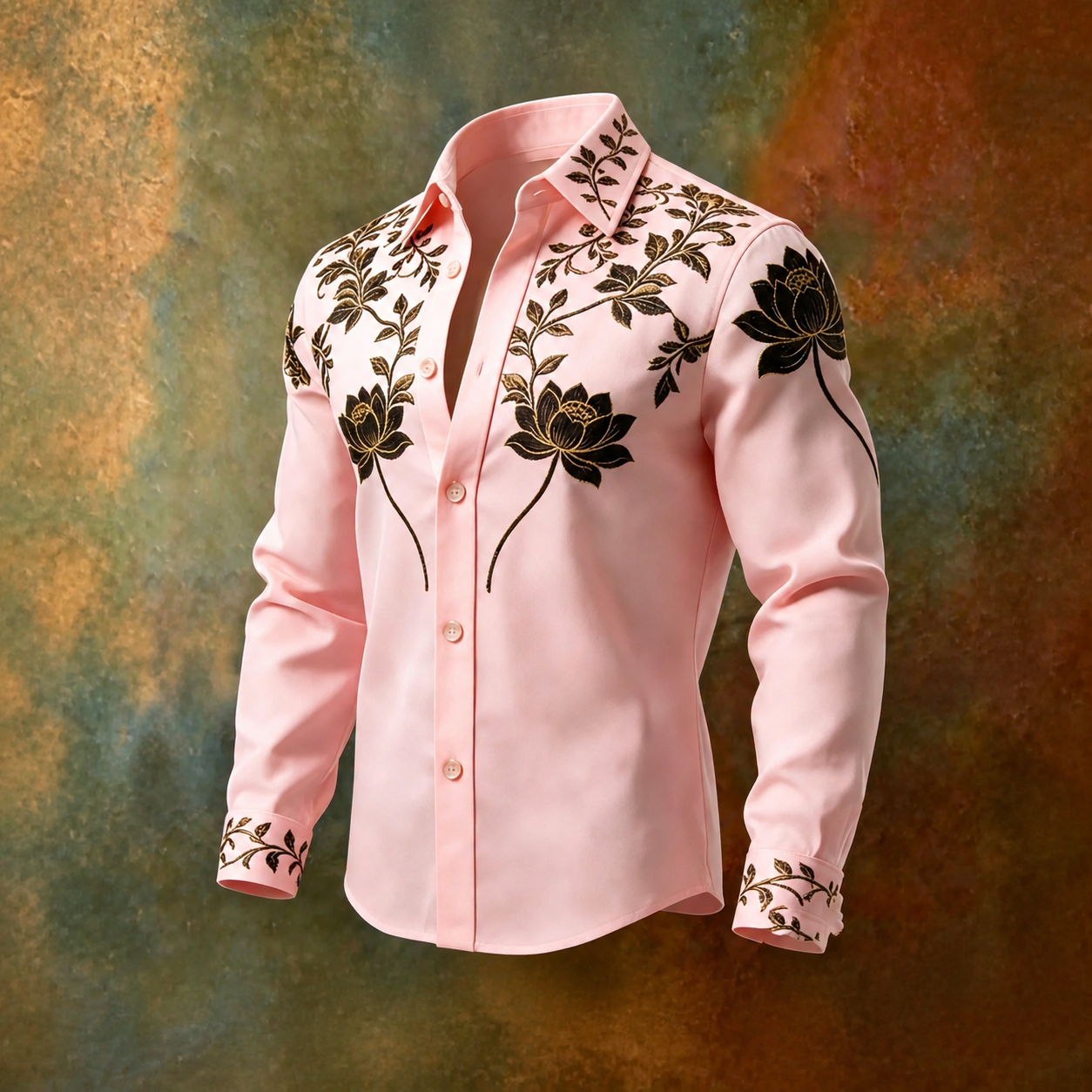 para hombre Pink Black floral Vine Print de manga larga con botones camisa