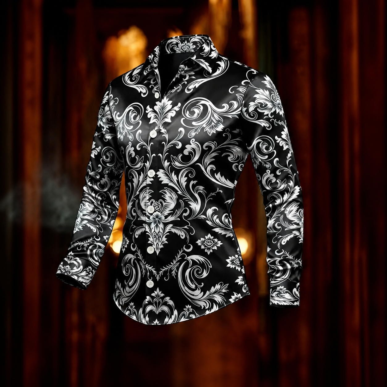 para hombre Black White Baroque Paisley Print de manga larga con botones camisa