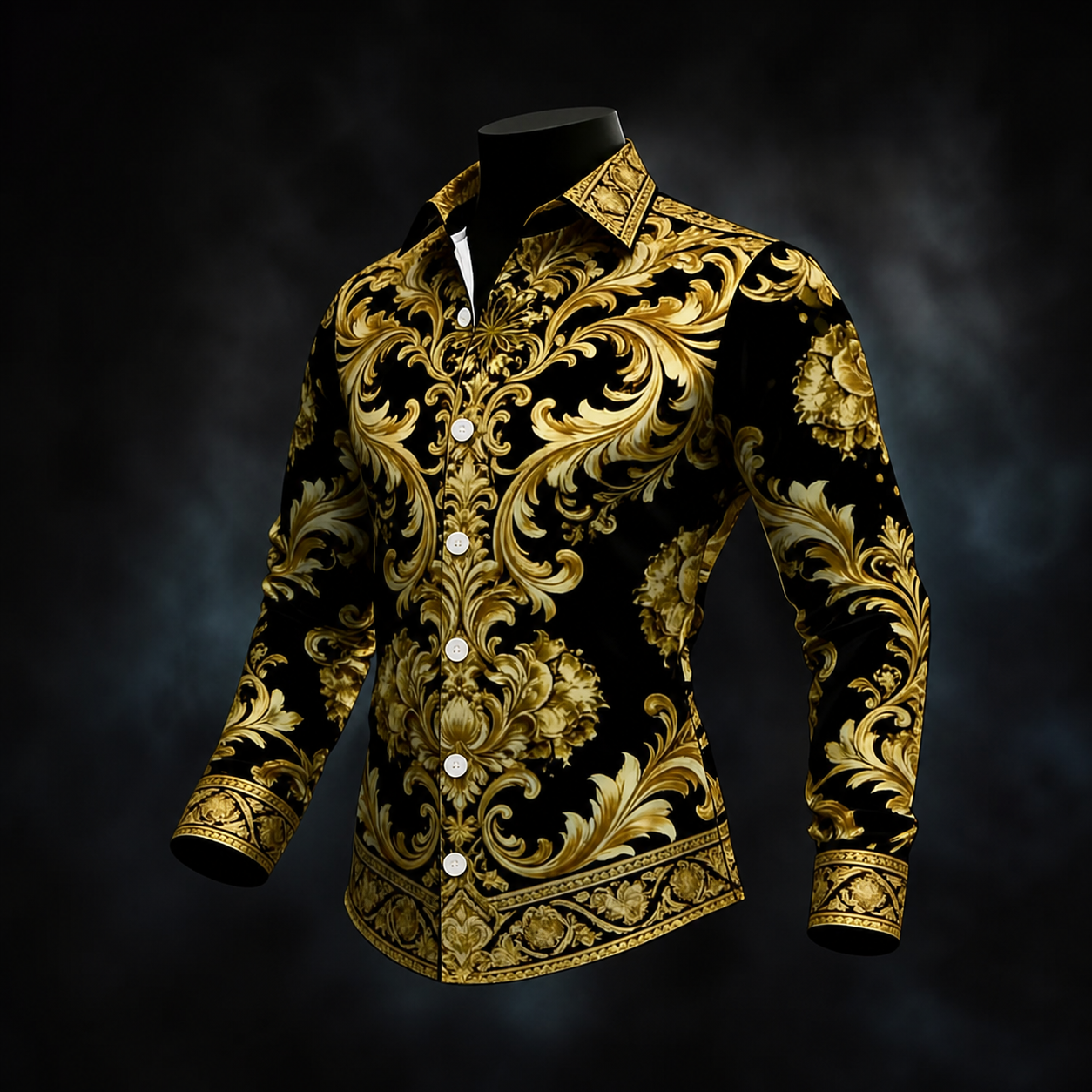para hombre Black Gold Ornate Baroque floral Print de manga larga con botones camisa