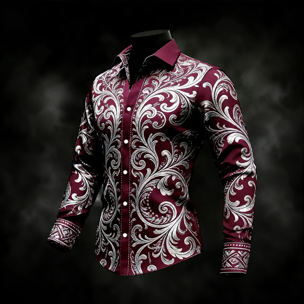 para hombre Burgundy White Baroque Scroll Print de manga larga con botones camisa